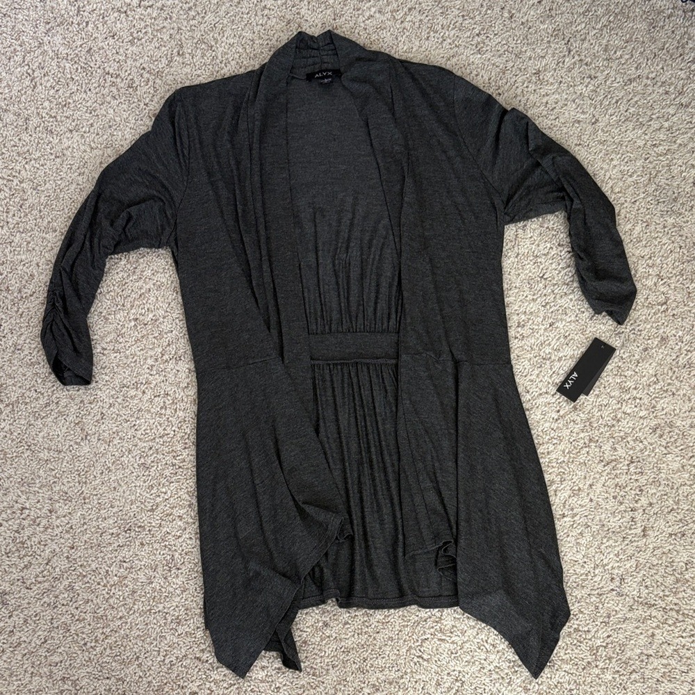 NWT ALYX Cardigan Large Charcoal Gray Ruched 3/4 Sleeve Open Front Draped